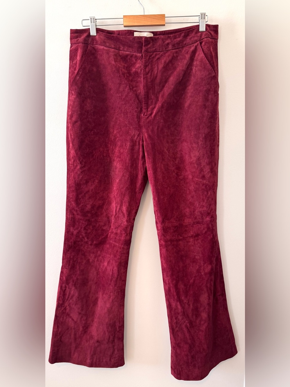 Anthropologie Burgundy Genuine Suede Leather Flare Pants Size 14